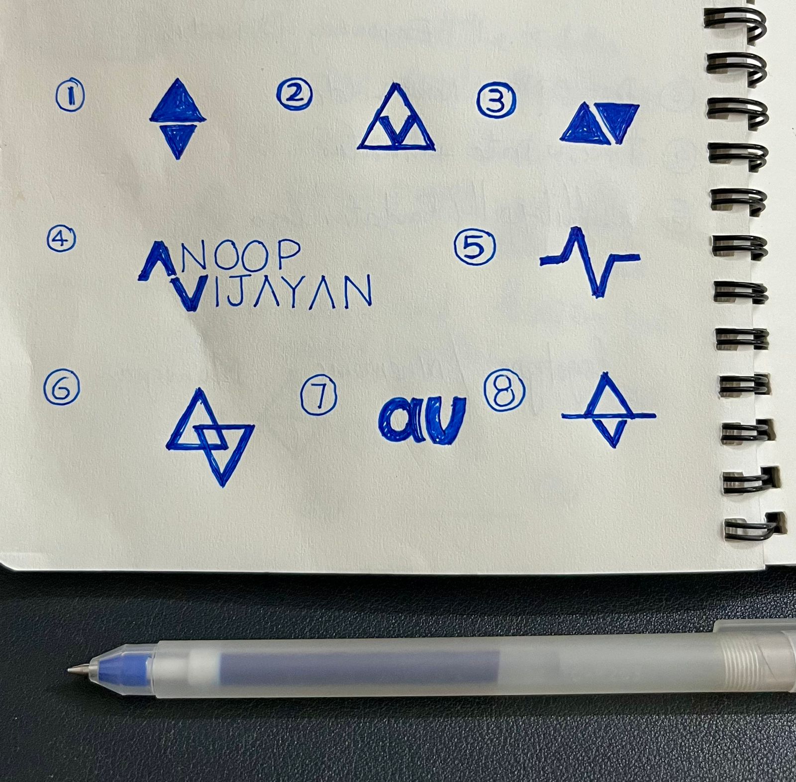 Notebook page with eight monogram sketches numbered 1 to 8, all in blue marker